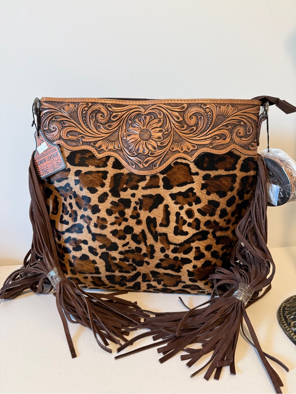 American Darling Genuine Leather Leopard Print Shoulder Bag with Fringe NWT
